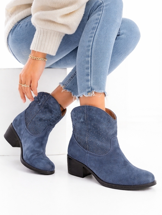 BØC Shoes - BØC Blue Studded Suede Western Ankle Boots Size 7 Boho Cowboy Booties